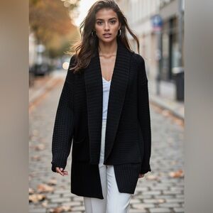 Forever 21 black open front cardigan sweater LARGE cotton pockets shawl collar